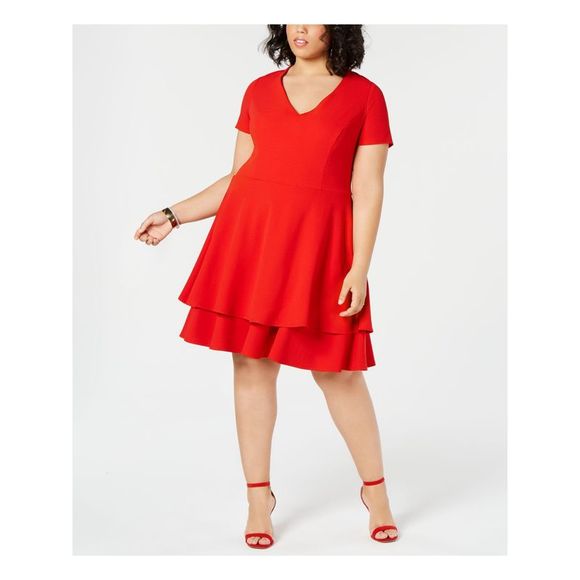 B DARLIN Dresses & Skirts - B DARLIN Womens Red Layered Short Sleeve Knee Length Fit + Flare Dress Plus 16W